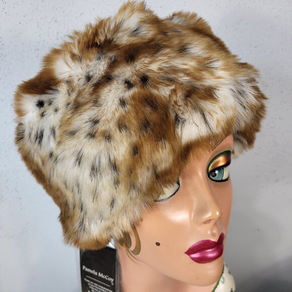 NWT~PAMELA MCCOY~BROWN BLACK FAUX FOX MINK FUR ANIMAL PRINT STOLE SCARF WRAP HAT - Picture 6 of 16